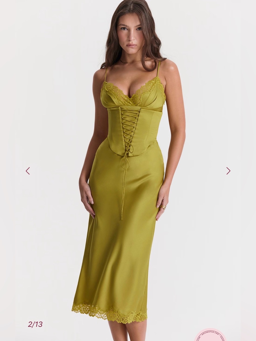 NEW House of CB Salma Olive Green Lace Trim Satin Corset Slip Dress, Medium - Picture 2 of 13